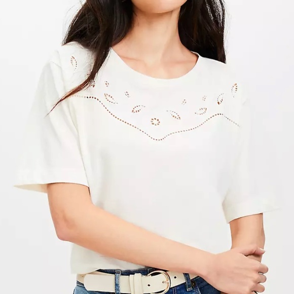 Ann Taylor LOFT Floral Cutout Lace Yoke Tee Shirt, Whisper White, Size Medium - Picture 1 of 8